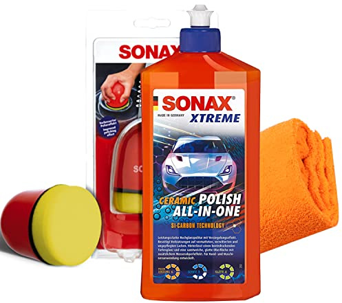 detailmate Politur Bundle - SONAX Ceramic Polish All-in-One 0,5L + SONAX P-Ball Polierschwamm + detailmate Mikrofasertuch 550GSM - Auto Handpolitur Set