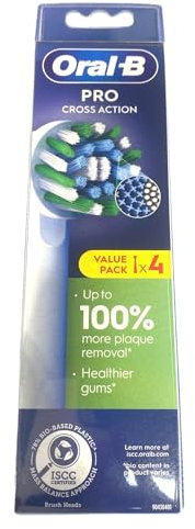 Oral-B Pro Cross Action Electric Toothbrush Head, Oral B Electric Toothbrush Heads, X-Shape and Angled Bristles for Deeper Plaque Removal, Pack of 4 Toothbrush Heads, Oral B Replacement Heads, White