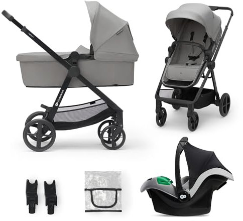 Kinderkraft NEWLY Barnvagn 3-i-1, Travel System, Barnvagnsset, Resesystem, Med Bilbarnstol, Sittvagn, Resevagn, UPF50+ skydd, Tillbehör, Adaptrar, Till 22 kg, Grå