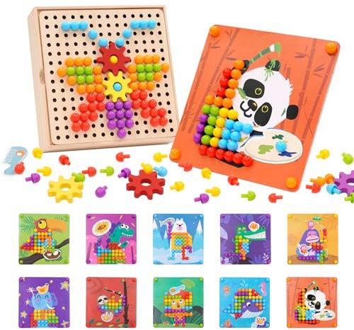 Mosaik Steckspiel für Kinder, Holz Steckspiel ab 2 3 4 5 Jahre, Mosaik Pegboard mit 180 Steckperlen und 10 Bunten Steckplätte, Kreatives Pädagogisches Montessori Spielzeug für Kinder Mädchen Jungen