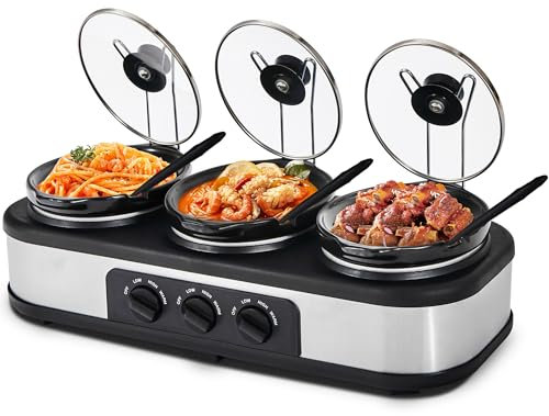 Cocina lenta triple, calentador de alimentos para servidor, 3 ollas lenta de 1.5 cuartos con olla de cerámica, 3 modos de temperatura ajustable, apto para lavavajillas, tapa de cristal extraíble y 3