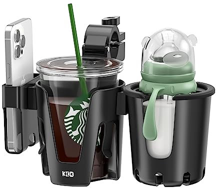 KDD Pram Cup Holder with Phone Holder, Universal Drink Coffee Cup Holder, 3-in-1 Stroller Drinks Holder for Pram, Pushchair, Buggy, Stroller, Bike, Wheelchair, Walker, Scooter, Trolley(Black)