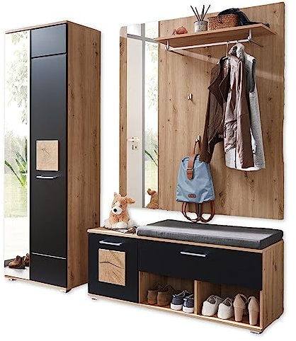 FUN Flurgarderoben Set in Schwarz, Artisan Eiche Optik mit Hirnholz-Applikationen - Modernes Garderobenset 3-teilig für Ihren Eingangsbereich - 206 x 195 x 38 cm (B/H/T)