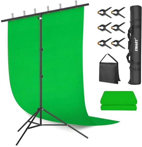 EMART Greenscreen mit Ständer 2 x 2m T-Förmigem Hintergrund Ständer | 1,5 x 2 m Green Screen, 6 Hintergrundklemmen