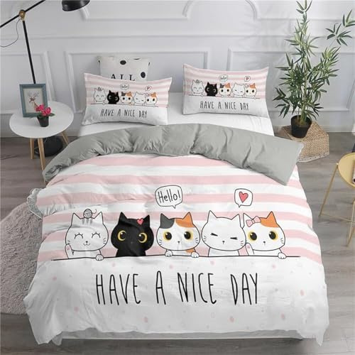 CCZM Copripiumino Singolo Gatto Set Biancheria da Letto in Microfibra di 3 Pezzi, 1 Parure Copri Piumone 135x200 con 2 Federe 50x80 cm con Cerniera
