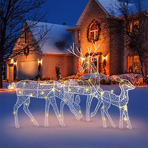 3 Pezzi Set Famiglia di Cervi di Natale Illuminati in Metallo Renne Illuminate Decorazioni da Cortile Renna Al Pascolo in Rattan con Luci per Decorazioni Natalizie da Interno o Esterno Arte(Bianco)