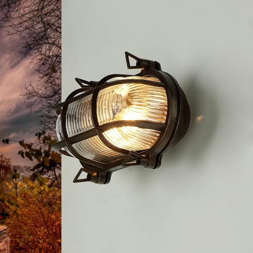 Licht-Erlebnisse Außenwandleuchte Messing Glas Schwarz Antik IP64 Garten Haus B:21 cm E27 Maritim geriffelt Rustikale Außenleuchte Wandlampe SKIATHOS