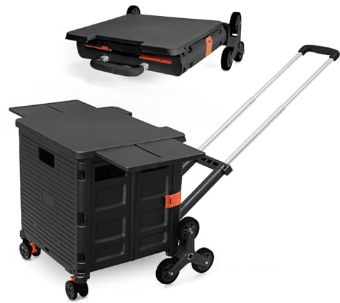 BY10CX Carrito de Compras Plegable, Carro Utilitario Portátil con Ruedas Escaladoras y Tapa Magnética, Capacidad de Carga, Caja Rodante para Camping, Pesca y Almacenamiento de Herramientas - Negro