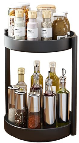 JOUING Drehteller Organizer Gewürzregal Drehbar 2 Etagen Metall Lazy Susan für Schrank Drehbares Gewürzregal für Küche Organizer für Kosmetik, Badezimmer(Schwarz)