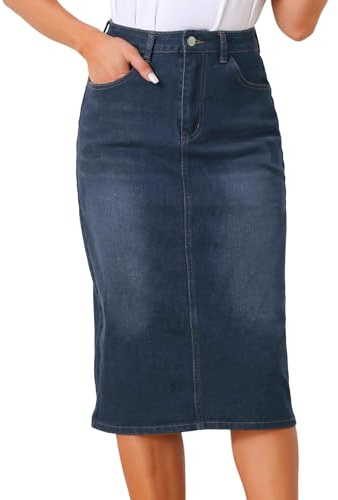 Allegra K ledig jeanskjol för kvinnor, stretchiga midi-jeanskjolar med hög midja, Svartblå, S