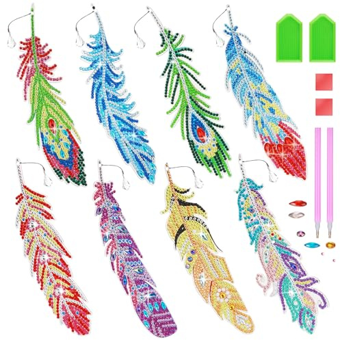 JIANTA 8 Stück Lesezeichen für Diamantmalerei, 5D Diamant Feder Kunst Lesezeichen DIY mit Strass Kristall Anhänger, Kunst und Handwerk Kit für Kinder