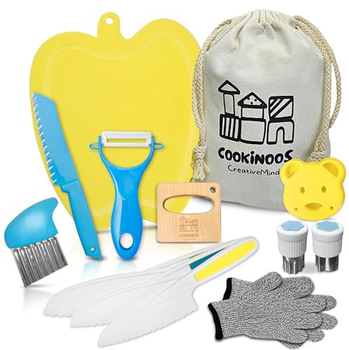 Couteau Enfant Qui ne Coupe Pas, Ustensiles de Cuisine Enfant, COOKINOOS Le Kit 14 Pièces Montessori, Couteaux Sécurité Cuisine Enfant 3 Ans, Couteau en Bois.