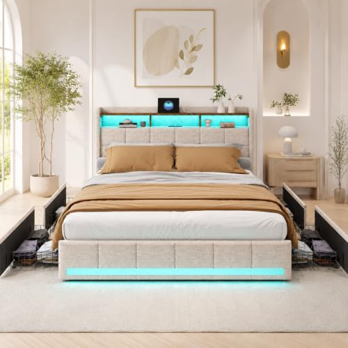 KeepGoon letto matrimoniale con 4 cassetti, 160 x 200 cm, Telaio per letto imbottito con stazione di ricarica USB e testiera illuminata a LED, con contenitore, colore beige