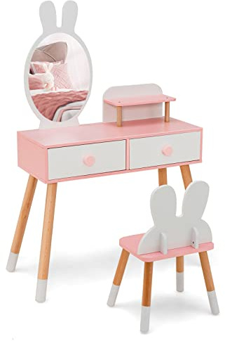 GOPLUS Kinder Schminktisch Set mit Spiegel, 2-in-1 Frisiertisch mit Hasenohr förmigem Hocker und Spiegel, Doppelschubladen Regal, Massivholz Kosmetik Set für Kinderzimmer (Weiß)