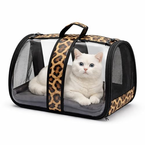 Blue Eyes Transportbox Katze Hund Faltbare Katzentransportbox Transparent Transporttasche für Haustiere im Flugzeug für Haustiere Mittel Kleine Hunde bis 6,5 kg (Leopard)