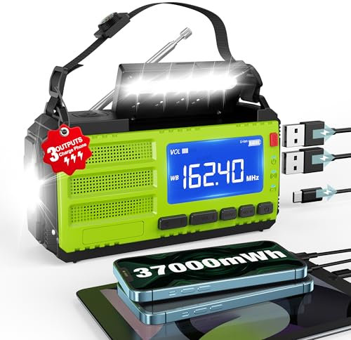 Radio de emergencia de manivela de 37000 mWh, radio de alerta meteorológica AM FM NOAA, radio solar portátil, 4 métodos de carga, linterna de 3 modos, lámpara de lectura, alarma SOS, cargador de