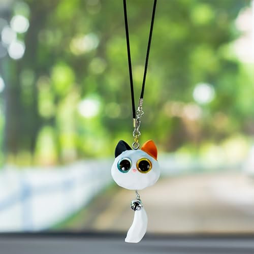 Ornements de Voiture,Mignon Chat Chaton Pendentif Miroir de Voiture Rétroviseur Ornements Suspendu De Voiture Miroir de Voiture Accessoires Cadeaux d'anniversaire Décoration Charme Suspendu,Blanc