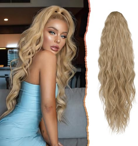 Sofeiyan Ponytail Extension, 66 cm Lang Gewellt Pferdeschwanz Haarteil mit Kordelzug Pferdeschwanz Haarverlängerungen Zopf Synthetik Haar Extensions Zopf für Frauen, Dunkelblond & Bleichblond