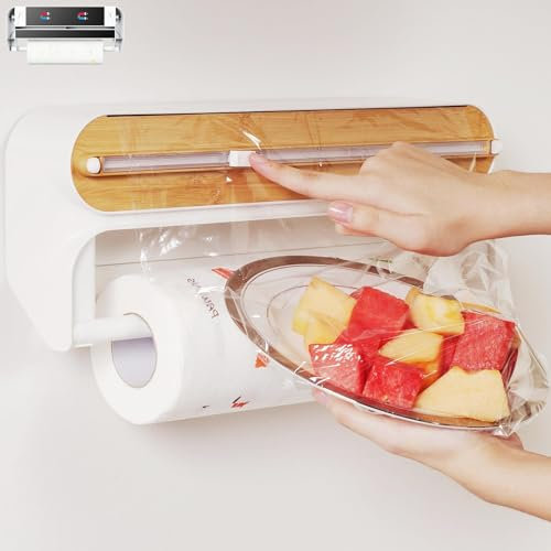 Quasziwa 2-in-1 Folienschneider mit Küchenrollenhalter – Magnetischer Wandrollenhalter Küche für Alufolie & Frischhaltefolie – Einfache Montage, Saubere Schnitte und Platzsparendes Design, Natur