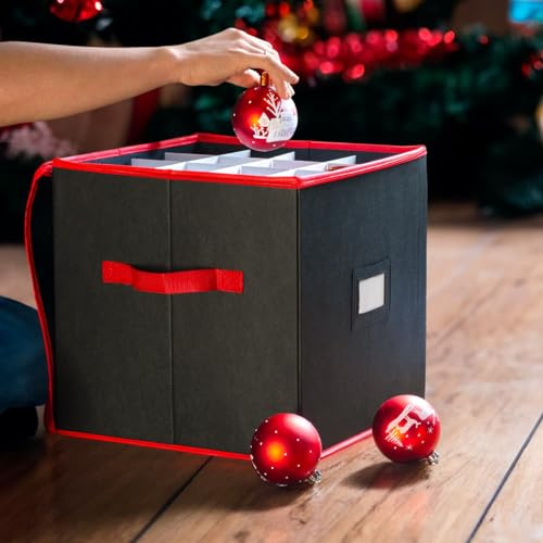 CKB LTD Scatola portaoggetti per palline di Natale, colore rosso e nero, V2, con scomparti per 64 palline, ornamenti natalizi e decorazioni per loft, 33x33 cm
