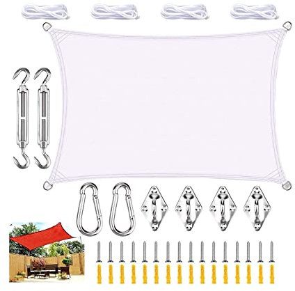 Waterproof Rectangular Shade Sail 3x4m Shade Cloth Fabric with Fixing Ropes Outdoor Sun Shade Canopy Ideal for Egg Chair Cover White 1.8x2m