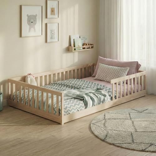 Kids Collective Kinderbett Bodenbett 120x200 cm mit Rausfallschutz & Lattenrost Montessori Bett Bed Gitterbett Kinder Jugendbett Einzelbett | Natur weitere Größen | 90x200 | 140x200 cm