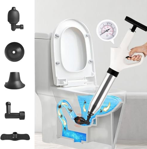 LOMGDOVC Toilet Plunger, High Pressure Toilet Unblocker, Heavy Duty Drain Unblocker Kit with A Holder and 4 Replaceable Heads for Unblocking Toilets, Sink, Shower, Bathtub, Floor, Drain And Pipe Clog