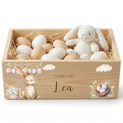 Kidsmood - Personalisierte Holzkiste mit Namen – Aufbewahrungskorb zu Ostern für Kinder, nachhaltig & kindersicher für Osterdeko & Ostergeschenke mit friedlichem Hase im Blütennest (40x30x13)