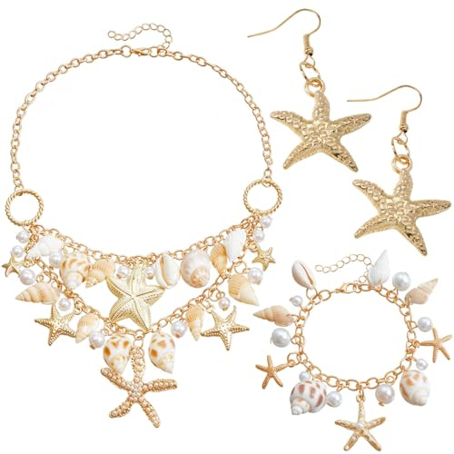 YGCHEN Meerjungfrau Kostüm Damen Set, Muschel Seestern Schmuck, Seestern Muschel Halskette, Shell Perlen Armband, Ohrringe Seestern, Damen Strandschmuck, Meerjungfrau Muschel Schmuck
