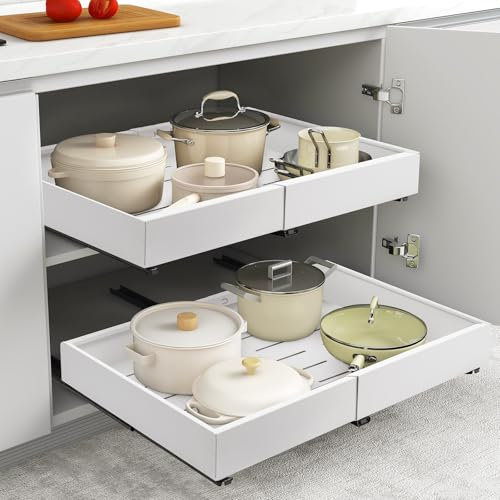 Youyijia 2er Set erweiterbare Teleskopschubladen, ausziehbarer Schrank-Organizer mit verstellbarer Breite 32-53 cm, langlebiges Metall-Schienensystem, vielseitig einsetzbar für Küche (2 Stück Weiß)