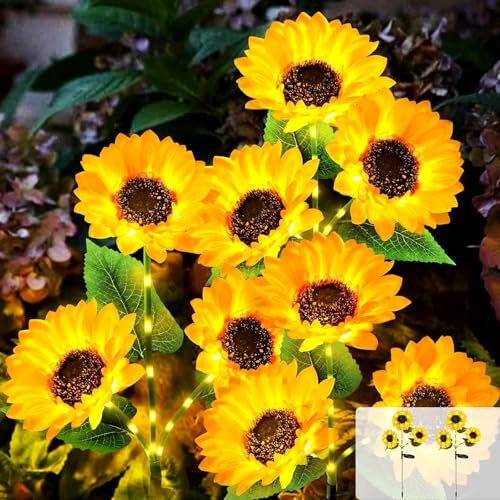 Glaxcidy 2 Luces Solares de Girasol, Lámpara de Estaca con 6 Girasoles, 42 Leds, Impermeables para Jardín Exterior, Luces Solares Decorativas para Patio, Jardín, Navidad e Iluminación de Caminos