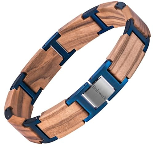 Holzwerk ELBSEE Bracelet en bois naturel pour homme et femme Marron Bleu Réglable avec raccourcisseur de bracelet et boîte de rangement, Mittelgroße, Bois, Pas de gemme