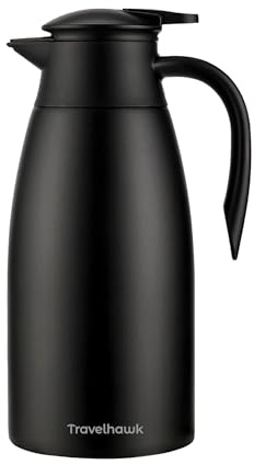 TravelHawk Bouteille Isotherme 2L Noir - Thermos Cafe en Acier Inox, Pichet Isotherme Double Paroi, Thermos à Café, Thé, Eau pour Maison, Bureau, Camping - 2 Litres