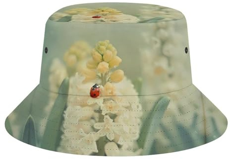 Ladybugs White Hyacinth Flower Bucket Hat Foldable Sun Hat Fisherman Cap for Beach Travel Hiking