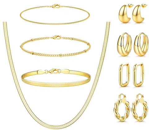 KALVICA 15 Stück Schmucksets für Damen Creolen Goldene Ohrringe Set Halskette Armbander Mehrpack Layering Ketten Set Wasserfest Goldschmuck Damen