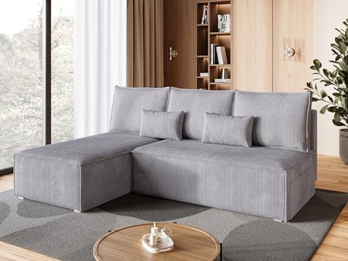 BROMARKT Ecksofa mit Schlaffunktion Hellgrau Sofa mit Bettkasten Couch | Wohnlandschaft Eckcouch Freistehend Polstercouch Schlafsofa Schlafcouch Stauraum 200 cm Breite 3 Sitzer Möbel Stoff Cord