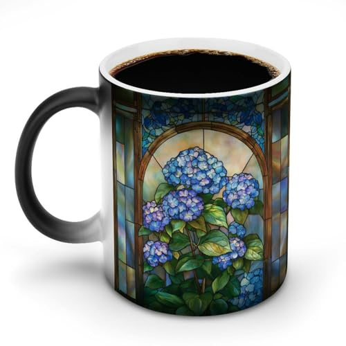 Jubonexis Stained Glass Hydrangea Flowers Window Aesthet Color Changing Mugs Heat Changing Ceramic Coffee Mug Novelty Funny Tea Water Cup 11OZ