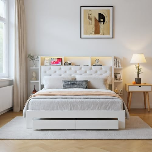 JiaOyu Moderne LED Bett mit USB-Ladefunktion, Polsterbett 160x200cm mit Stauraum & 2 Schubladen, Doppelbett Funktionsbett Bettgestell mit Lattenrost für Jugendzimmer, Ohne Matratze (160x200cm)
