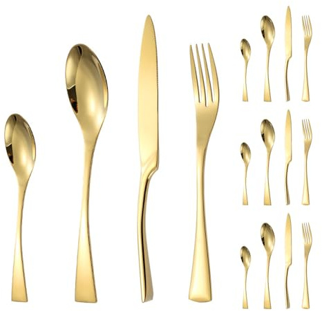 JYHUHGRG Posate da Cucina in Acciaio Inossidabile con Manico a Coda di Pesce Placcato in Titanio, Posate, Set di Posate, Coltello da Bistecca, forchetta, Cucchiaio, cucchiaino da,Gold-16pcs