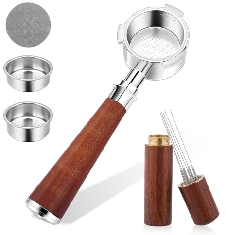 ANTREATU 51mm Bottomless Portafilter 3-Ear with 2 Filter Baskets(Single+Double Shots) - Compatible with Delonghi EC680/EC685 Stainless Steel with WDT Tool, Puck Screen, Metal Base & Walnut Handle