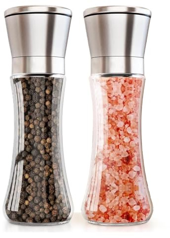 Pepper and Salt Grinder Set of 2, Refillable Stainless Steel Mill with Adjustable Coarseness, Glass Body Spice Grinder for Pepper, Sea Salt, and Other Whole Spices - Ship from Local Warehouse