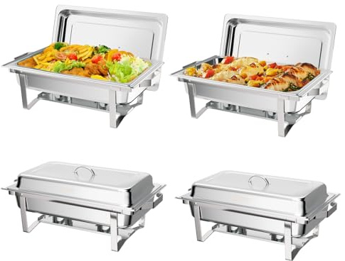 Rovsun Warmhaltebehälter Essen aus Edelstahl 9 L, Chafing Dish 60x36x30 cm, Speisenwärmer Speisebehälter,Wärmebehälter Buffet Wärmer Rechaud mit Rollrand & faltbaren Gestell 4pc