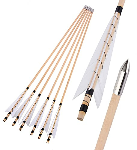 surwolf 32” bågskyttepilar av trä, traditionellt handgjorda, med 5” kalkonfjäder, OD8mm träskena, jaktmål för långbåge/recurvebåge hästbåge 12 st. (6)