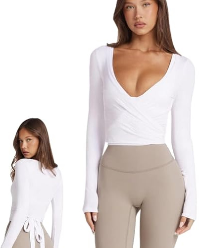 CUVZORA Camiseta de yoga de manga larga para mujer, camiseta cruzada deportiva para yoga, pilates y ballet, ideal para el otoño, ajustada, estilo Y2K, camiseta de manga larga, camiseta básica para