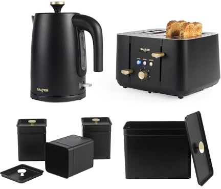 Salter Alchemy Kettle, Toaster & Full Countertop Set - 4-Slice Wide Slot Toaster, 1.7L Rapid Boil Kettle, 3pc Canister Set for Tea, Coffee and Sugar, Carbon Steel Powder-Coated Bread Bin with Lid | 1.7L 3kW rapid-boil kettle, 7 browning levels, carbon-steel powder-coated bread bin, 3 canisters with lids