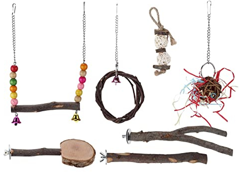 ZIXINNKC Ensemble de Jouets balançoire à mâcher pour Oiseaux, Boule de Vigne en Bois Amusante pour perroquets, Pommier Sepak Takraw Jaune