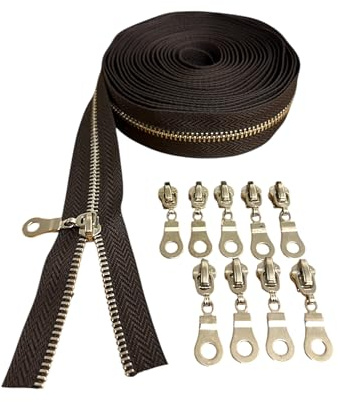 Endlosreißverschluss Metall Silber mit Zipper 5mm Reißverschlüsse meterware (Braun, 1 Meter + 2 Zipper)