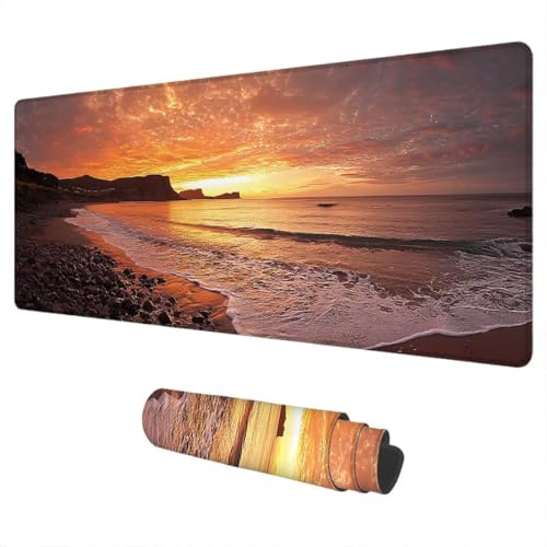 Alfombrilla Ratón Playa Mouse Pad XXL 1500x800 mm Atardecer Impermeable Mousepad Alfombrilla Gaming Tapete Escritorio de Goma Antideslizante Desk Mat con Bordes Cosidos para Gaming Regalo Hombre I-38