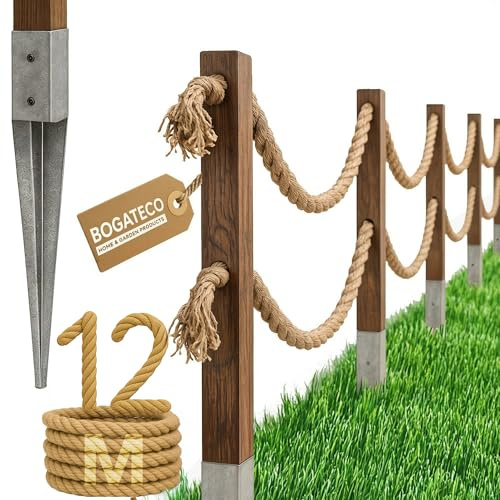 Bogateco Clôture en bois double - 12 m - Kit complet de barrière avec corde de jute de 30 mm et poteaux en bois - Bois imprégné avec douilles à enfoncer pour le sol - Marron foncé