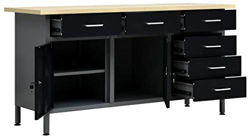 Tavolo da lavoro nero, 160 x 60 x 85 cm, in acciaio, con 6 cassetti, armadi chiudibili, piedini regolabili in altezza, robusto piano in legno, banco da lavoro per officina, garage, sala hobby